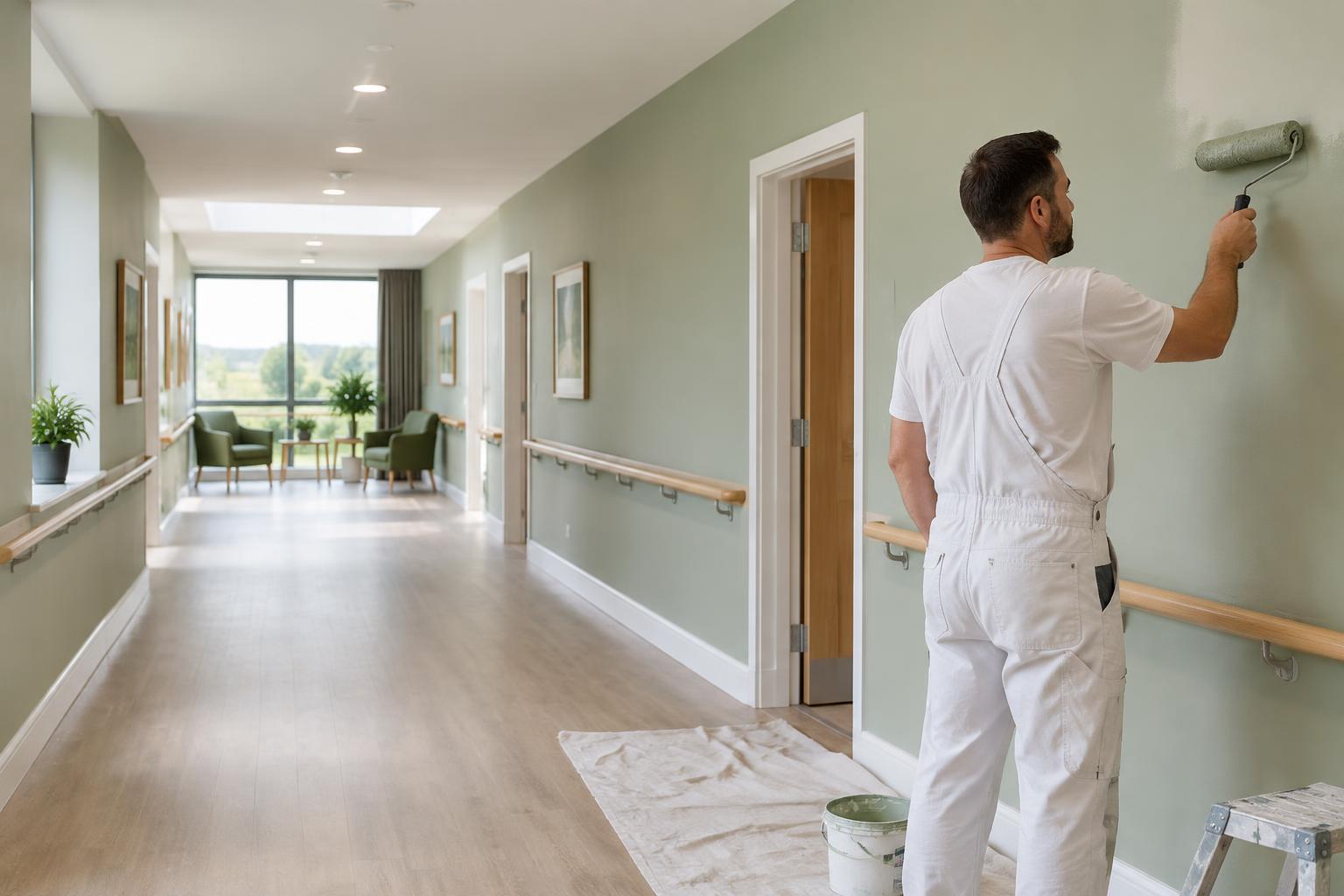 A painter carefully decorating a bright, welcoming care-home interior
